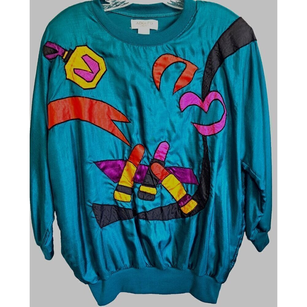 Vintage Adolfo Sport L Long Sleeve Teal Pullover Appliques Cosmetics Casual